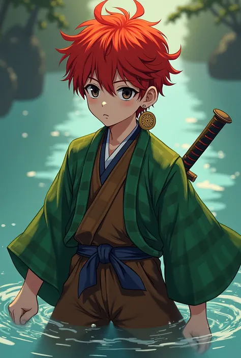 A red haired boy, black eyes with red wearing a hanafuda sun earring and wearing a green plaid haori, brown jumpsuit wearing a katana with a water background.
