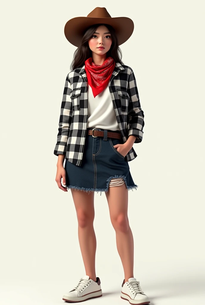 Woman with dark jean skirt, white t-shirt and checkered shirt with black, white and lead and a red bandana tied around the neck with a brown cowboy hat and white shoes