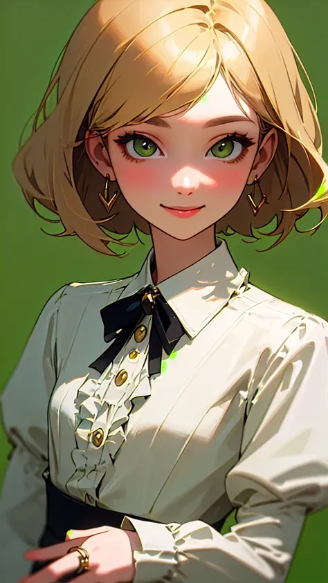 1 Girl、Alone、Very detailed、Vibrant colors、composite lighting、Professional Shading、Sharp, clear images、High quality textures、Perfectly structured、Natural Proportions, thin、Small breasts、smile、Blonde、Bobcut、Green Eyes、(Long sleeve blouse)、Frilled blouse、Form...