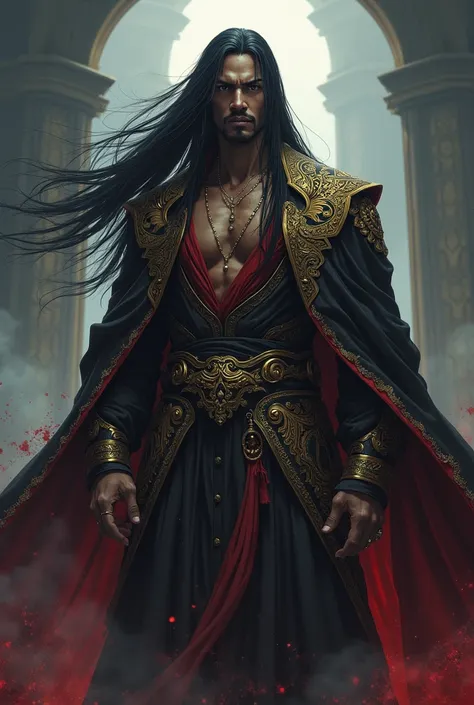 A black man with long straight hair and a royal outfit, commanding tartarus anime style