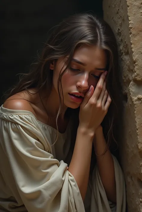 Mary Magdalene crying at the tomb of Jesus, wiping her tears, she opened her eyes 