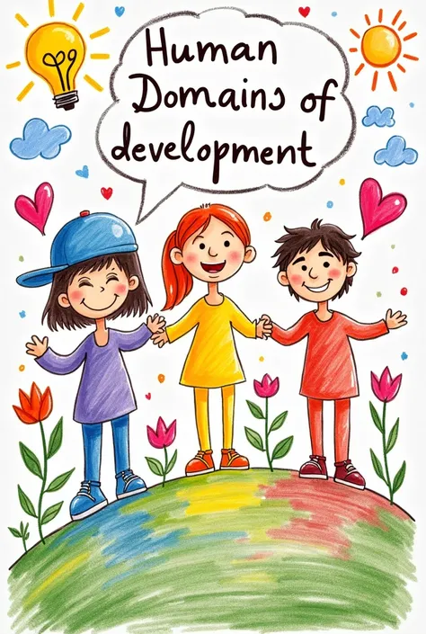 make a poster about the three domains of development (biological, cognitive, and socio-emotional) make it more simple (like it was draw by a kid)