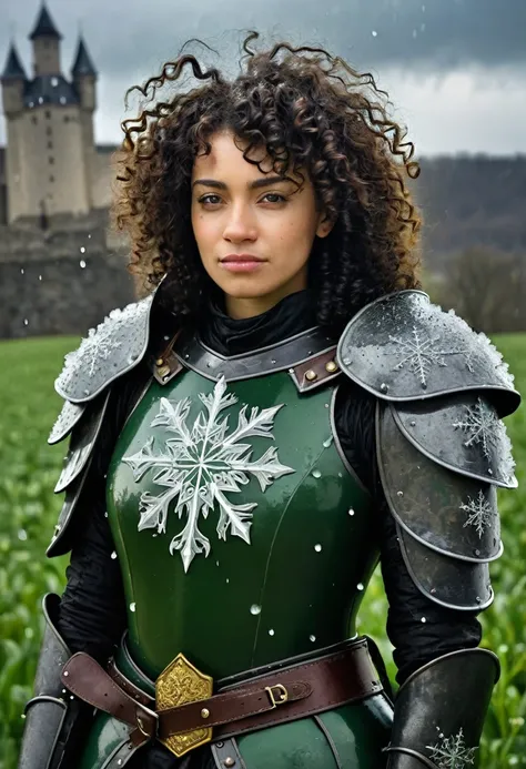 A young adult black curly queen in armor, man, son of the sun, Make a symbol cut in the middle of a sun "crying" with a sad smile is the other side one *Melting Ice" with six snowflakes, realistic dark fantasy version, medieval coat of arms flag on beautif...