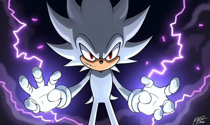 Create an image of the character Silver from the cartoon Sonic with an evil face, in the form of a drawing with telekinetic power