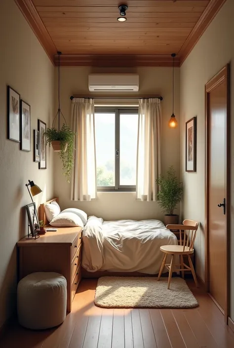 MY DREAM ROOM

Today,Id like to tell you about my bedroom. 
Its a small bedroom but nice. 
My bedroom is upstairs. 
There is a bed by the wall. 
There is a desk, a chair, a bed, an air conditioner and some pictures in my bedroom. 
The desk and the chair is...