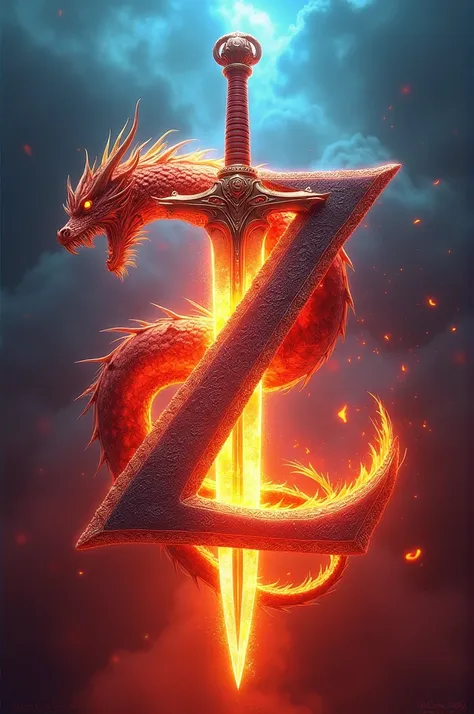 Z letter In Sword round by Dragon king And Background Red and Sky Blue Fire 