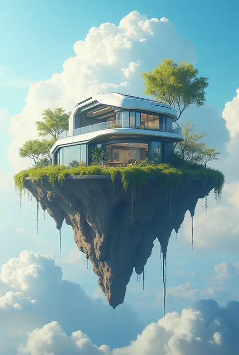   A surreal futuristic technological island suspended in the air. on this island, There is a surreal high-tech dreamy house with a sense of futuristic technology, charming scenery, exquisite details, and a sense of futuristic technology.. vivid description...