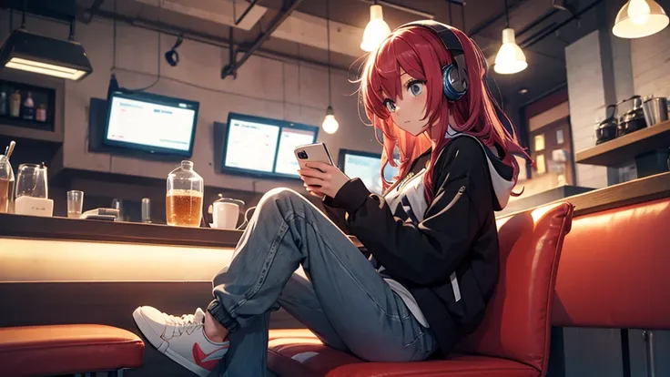 girl listening to music in a café with headphones, lucking long pants and sneakers.