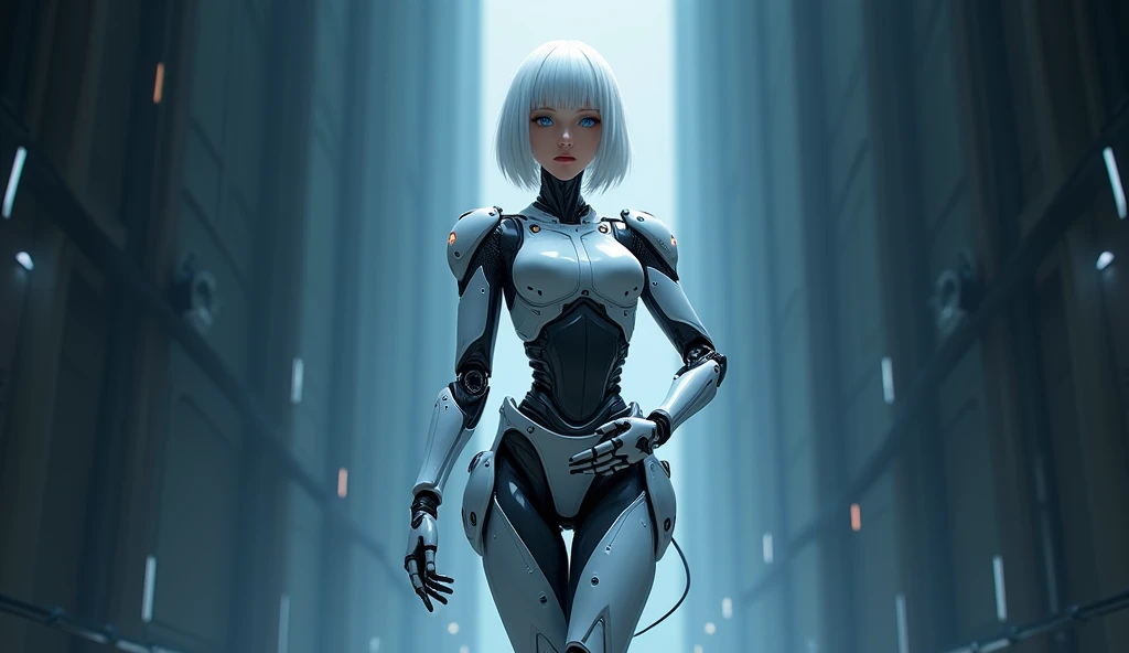 The image is a digital illustration of a female robot with white hair and blue eyes. She is standing with her body slightly turned to the side, with her left hand resting on her hip and her right hand on her chest. The robot is wearing a white suit with bl...