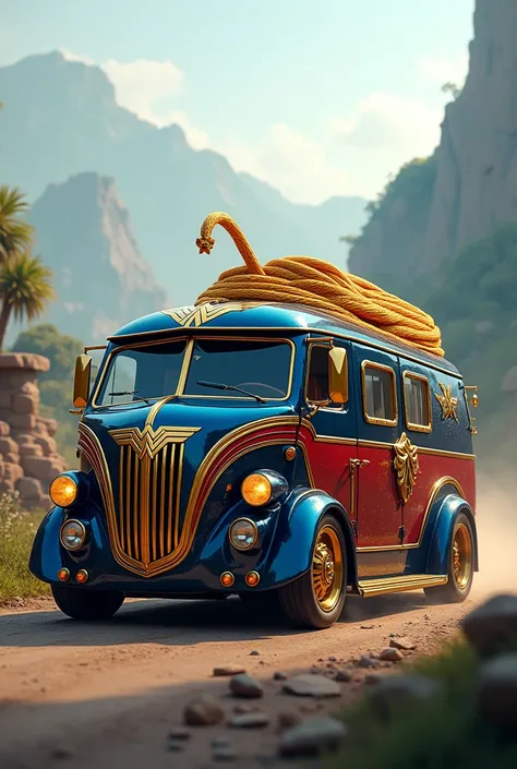 Imagine a stunning, high-definition, realistic van inspired by Wonder Woman. The body of the van is a deep royal blue with golden accents, including a large golden eagle emblem on the hood. The sides of the van are adorned with red and gold stripes, symbol...