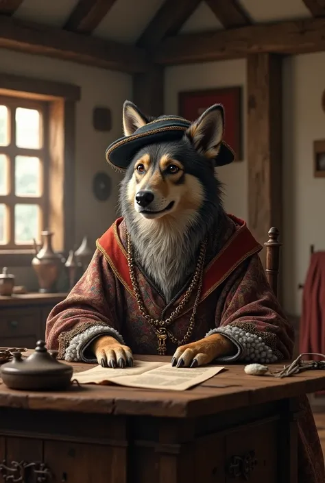 A humanoid male elderly dog dressed a medieval village mayor sitting behind a wooden desk in a medieval village town hall