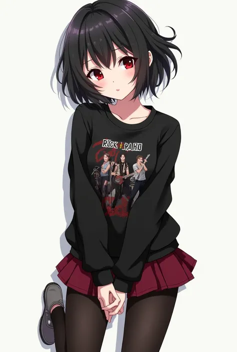 anime, , , short black hair with waves above the shoulder, white, red eyes wearing a black sweatshirt with a rock band print, a small dark red skirt, black tights and mary jane shoes,  thick thighs, slightly large breasts, thin