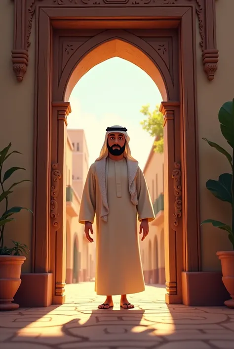 Arabic man coming out of his house front view animated graphic image