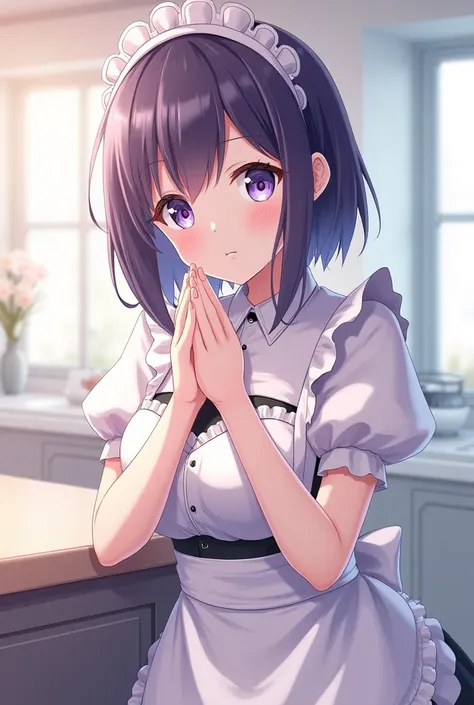 A light skinned anime girl, short hair dark purple, with blue eyes and a little purple, in maid attire - maid, that she has medium-sized breasts and is beautiful