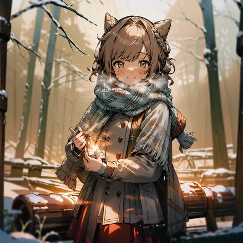 beautiful girl, light brown hair, hair in a bun, wearing student uniform, short red skirt, wool scarf, smiling softly, winter scene, snowfall, morning.
