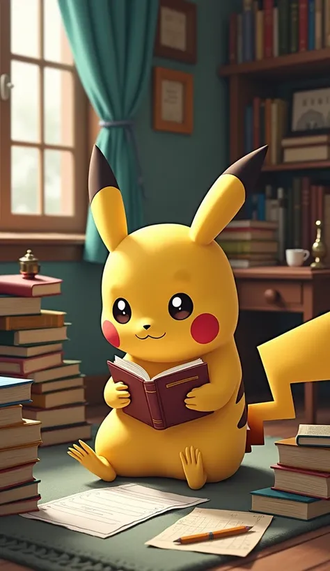 Pikachu with a stack of books: Pikachu is shown in his house with books and notes, he is absorbed in studies.
