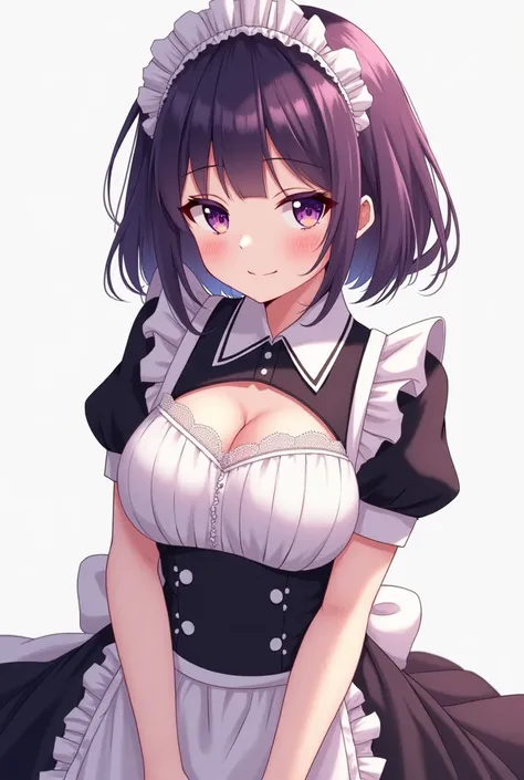 A light skinned anime girl, short hair dark purple, with purple eyes and blues, in maid attire - maid, that she has big breasts and is beautiful, cute, sexy, shy and tender. That she looks like a 