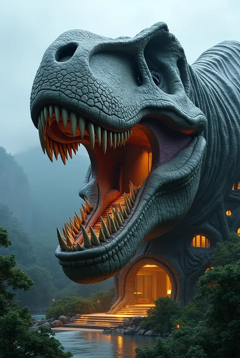 The hotel building is shaped like a Tyrannosaurus Rex skull，The hotel entrance is the mouth of a Tyrannosaurus Rex，Bright lights in the windows，Beautiful Lights，Jurassic Park，到处都是Jurassic Park恐龙风格，contest winning masterpiece，exterior misterioso，Artistic ma...