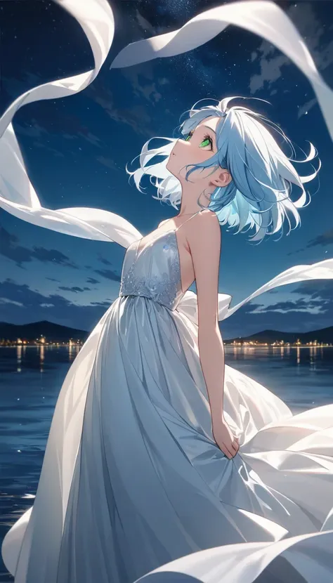 Highest quality、Light blue hair、Short Bob、Deep green eyes,20 years old,small breast, white silk gown,A sky full of stars、Midnight Lakeside、Looking up at the sky、The wind is blowing and the clothes are fluttering,midnight