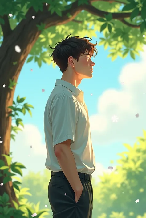 1boy, male_focus, shirt, solo, white_shirt, closed_eyes, leaf, outdoors, sunlight, tree, short_sleeves, dappled_sunlight, pants, branch, profile, black_pants, from_side, day, short_hair, wind, parted_lips, brown_hair, black_hair, sky, upper_body, flower, l...