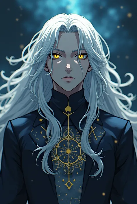 create a bungo stray dogs style character.. with long white hair, yellow eyes, constellation tattoo,1, man