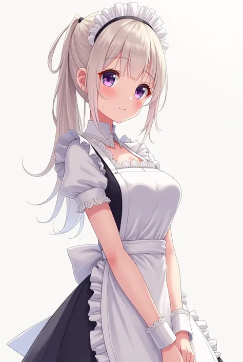 A light skinned anime girl, hair tied back in a white ponytail, purple eyes, facial expression would be, and a maid outfit, that is of legal age, that she is very pretty and shy, that has a big bust