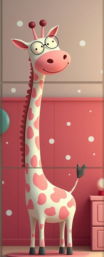 "Design a cute giraffe illustration for a children’s room using bold pink shades and simple white patterns, divided into three canvases with a playful style."