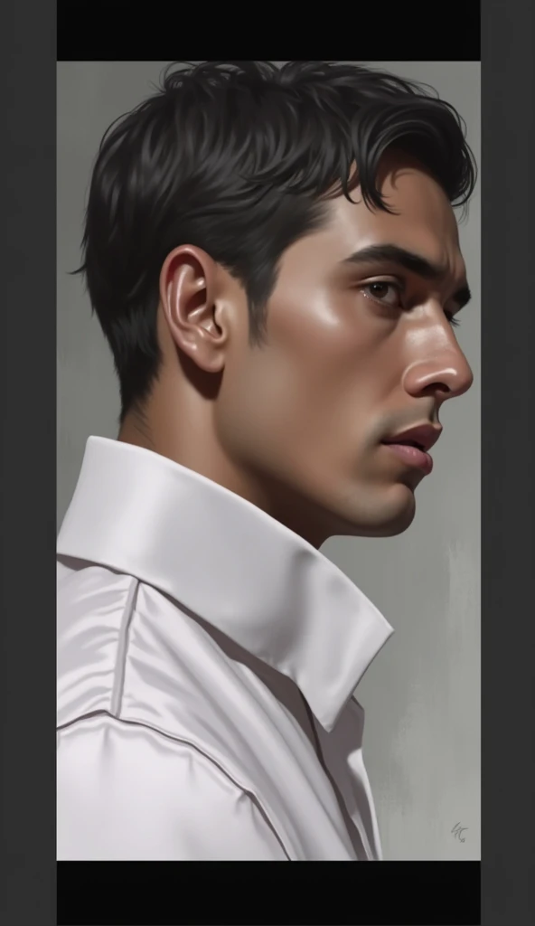 Create a realistic portrait of a 20 year old Arab man with a slightly angular face, wear shirt, long eyebrows and dark skin 