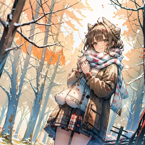 beautiful girl, light brown hair, hair in a bun, wearing student uniform, short red skirt, wool scarf, smiling softly, winter scene, snowfall, morning.
