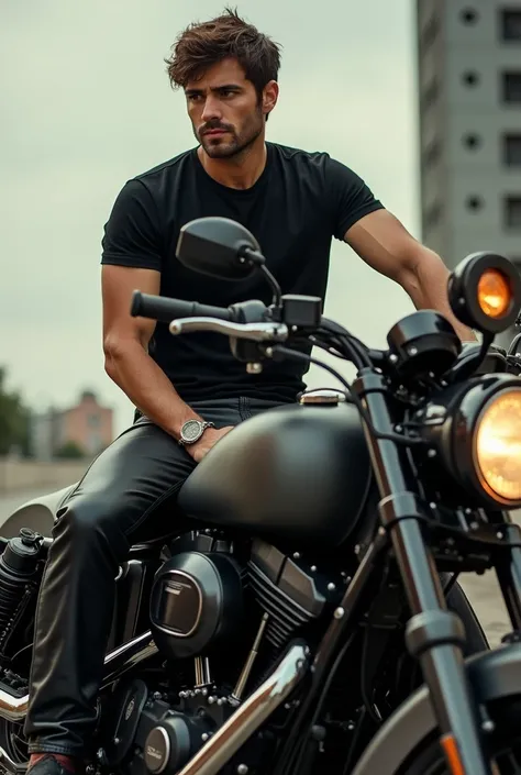 ((High quality)), ((masterpiece)), (detailed), One person, Brown hair, Short hair, black t-shirt, Leather pants, On top of a large motorcycle