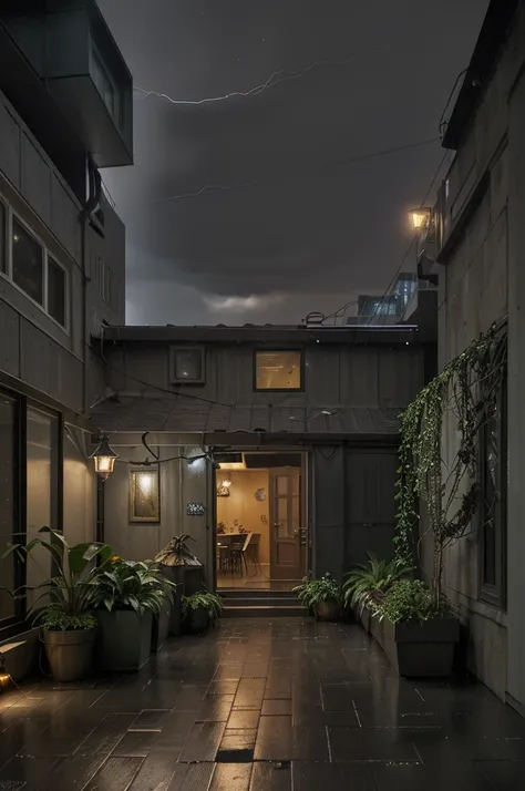 rainy night, lightning flashes in the sky, post-cybernetic period, cozy courtyard, in a secluded place in the metropolis, (((the lights of a huge city are visible on the horizon))), a small house assembled from metal sheets and all sorts of tin, a pendant ...