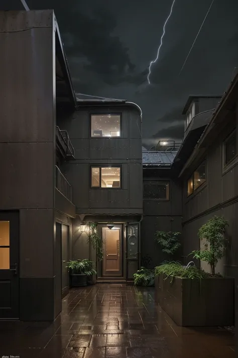 rainy night, lightning flashes in the sky, post-cybernetic period, cozy courtyard, in a secluded place in the metropolis, (((the lights of a huge city are visible on the horizon))), a small house assembled from metal sheets and all sorts of tin, a pendant ...