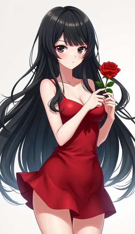 1 , high resolution, Alone, Long hair, looking at the viewer, black hair, black eyes, short red dress, pale skin, holding a red rose, Cute face fanart, black eyes anime adulta