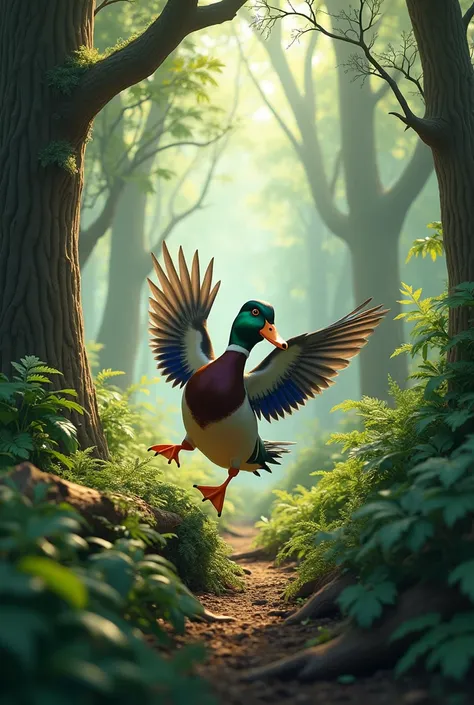 Duck escapes from the hunter in the forest 