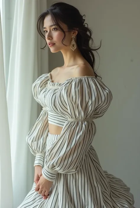 A woman where wearing a top that is color white stripes puffed sleeve off shoulder and the bottom is a long skirt mermaid style