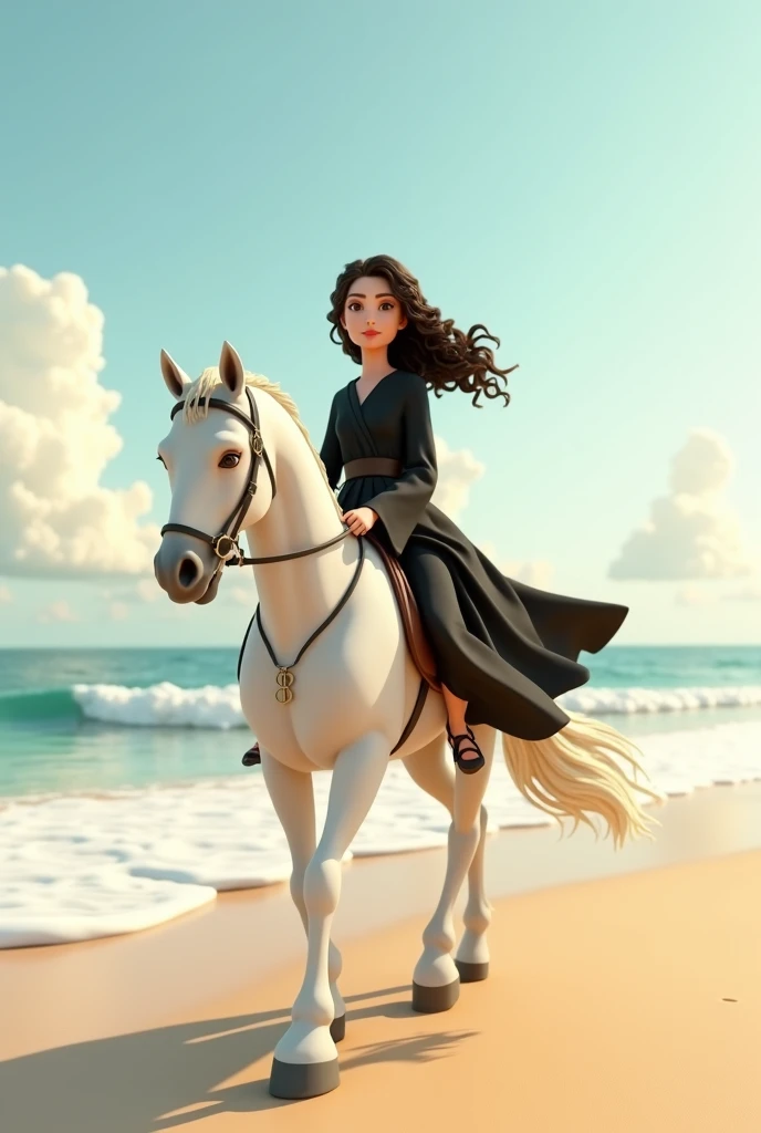  3D animation image of a woman with white skin, brown eyes, long curly hair, and a long face wearing a black abaya and riding a white horse while the horse is walking on the beach