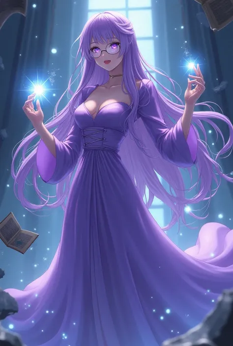 A woman with long purple hair, a high-class dress, a long skirt, wearing clear glasses, purple eyes with white stars inside, wearing a long-sleeved purple dress, reading a book, has the power of water and stars, anime