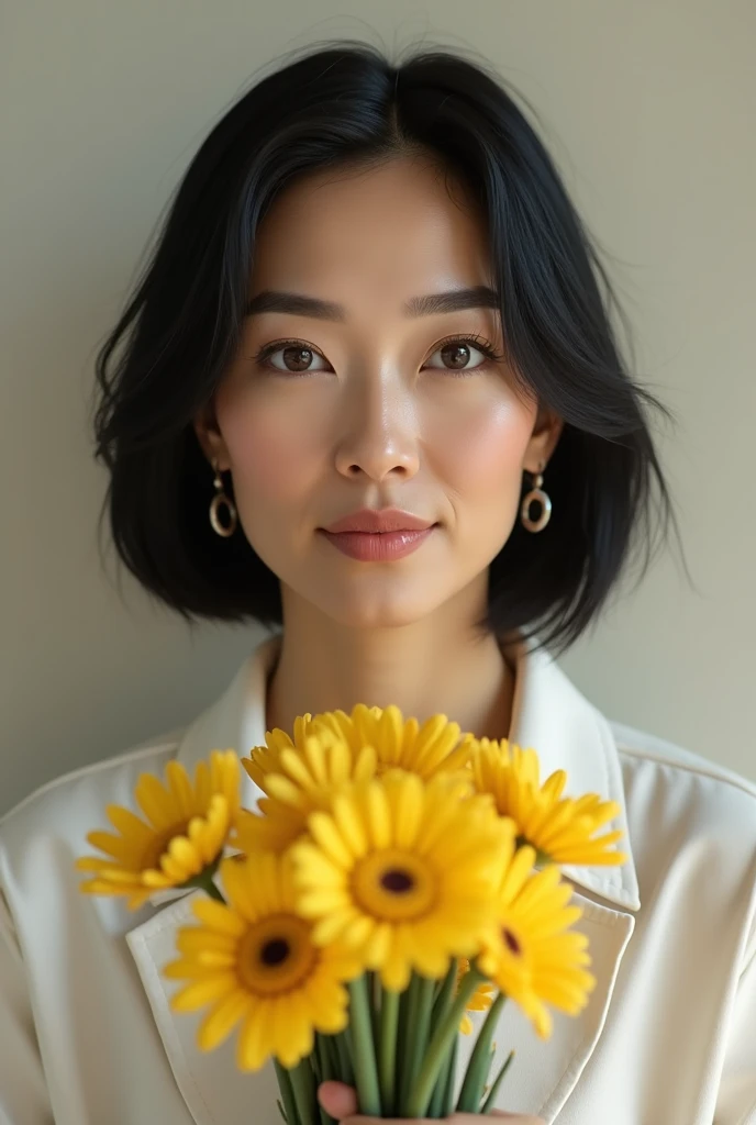 A Latina lady with big eyes and black eyebrows, white skin, older, short straight black hair with a bouquet of yellow flowers in her hands 