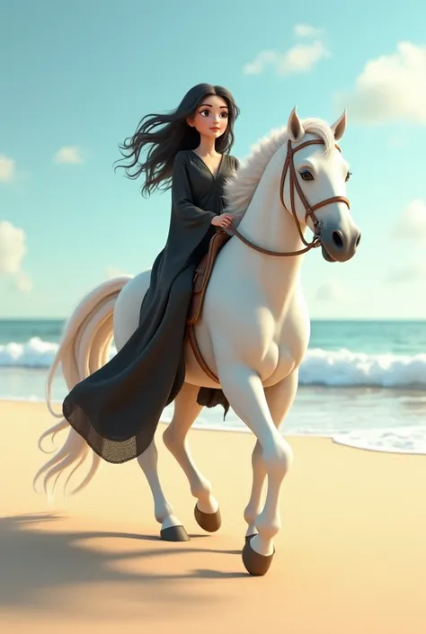  3D animation image of a woman with white skin, brown eyes, long curly hair, and a long face wearing a black abaya and riding a white horse while the horse is walking on the beach