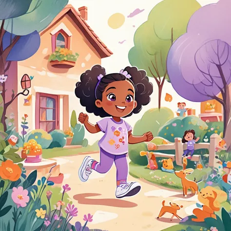 Flat illustration of a  girl black girl with a big head, skinny arms & legs, big brown cartoon eyes, purple tights, light purple t-shirt, white sneakers, hair in 2 bunches, smiling, playing in garden, surrounded by toys, bright colors, uneven lines, colore...