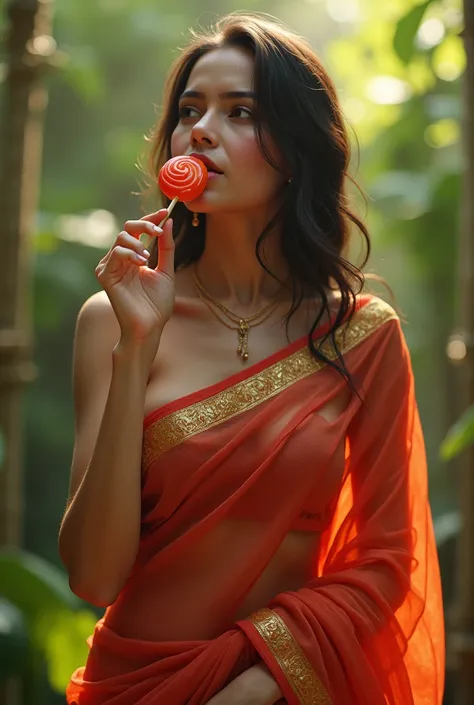 Girl wearing saree sucking lollipop sensually 