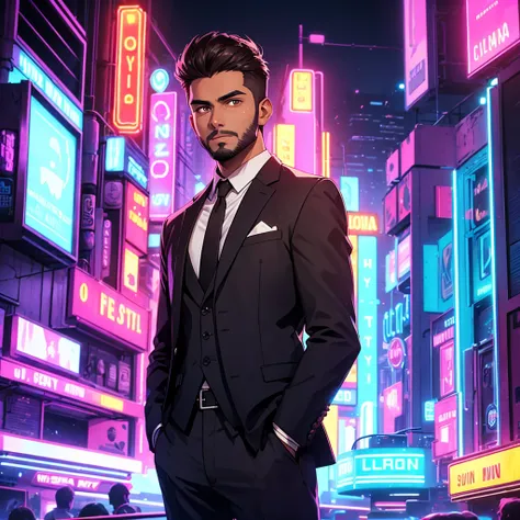 Brown boy, short beard, in a suit, Sci fi background. (((neon city background))) 