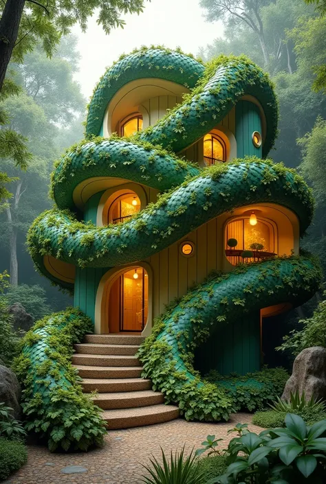 A house built and designed with green and yellow snakes 