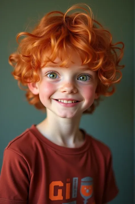 A boy, more or less 13, red-haired, with green eyes, funny and happy