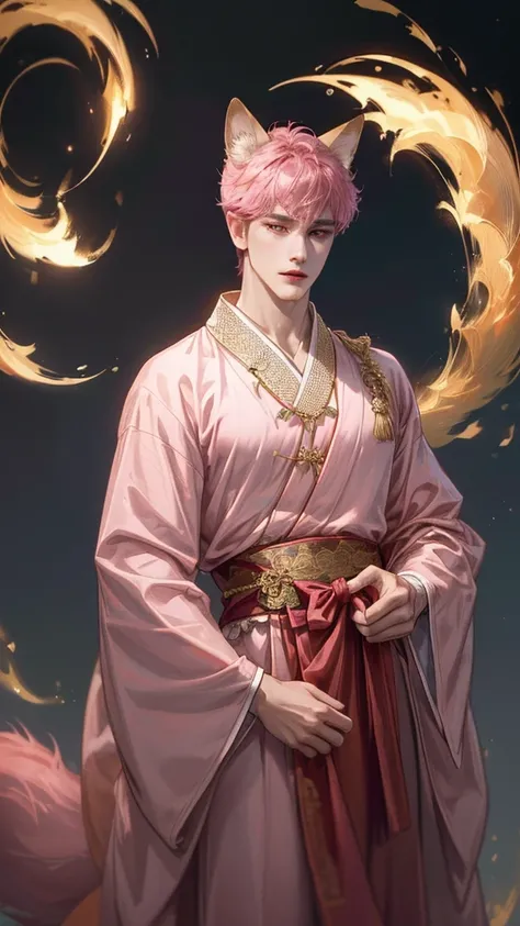 (Best quality、8k,nonsense,Highest grade,Portrait,Short hair, Short hairมาก,Drilling、Wearing pink fox ears and tail、Ancient Chinese robes used to dress up delicate, handsome men.、A dark imaginative world.....、Dark night background、Look this way