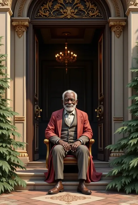 Very elegant black elder sitting at the door of his mansion smiling