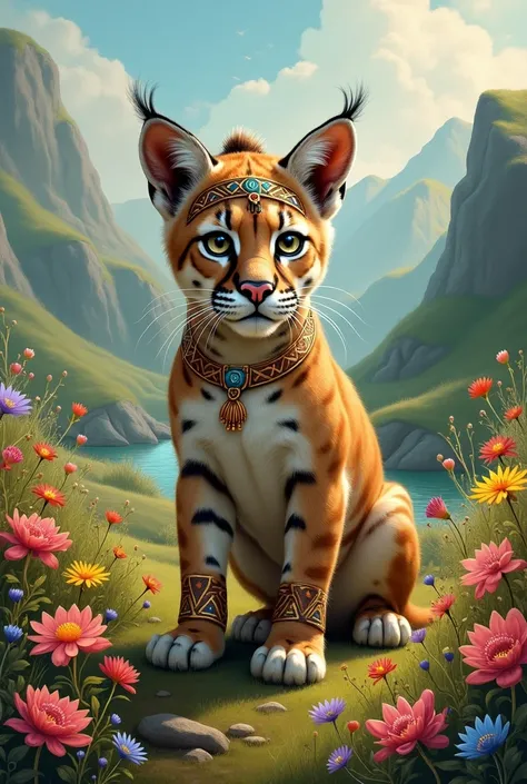 A painted puma cub dressed as a warrior in a flowery valley 