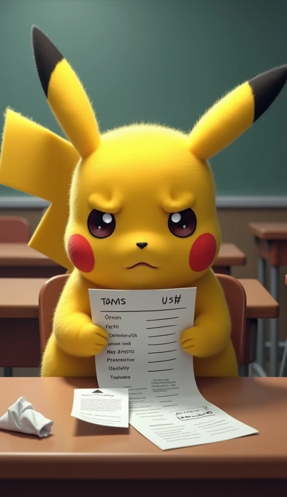 Exam Result Day: Pikachu gets his result and looks disappointed at the failure.