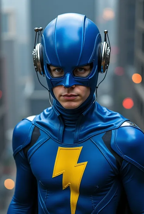 A program of an American hero from the 90s the blue uniform framed with dark blue a yellow lightning symbol in the middle wearing the helmet blue visor with white outline His Secret Hideout is a blue space rocket made of iron a control panel to stay on top...