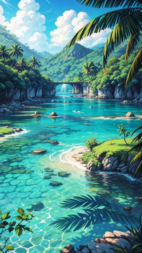 "A vibrant tropical lagoon surrounded by lush greenery, with crystal-clear turquoise water reflecting the bright blue sky. The atmosphere feels peaceful and exotic."